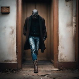 A mysterious man in brown steel-toed boots, black jacket, jeans entering a house. His bespectacled face hidden behind a mask and hands hiding in gloves