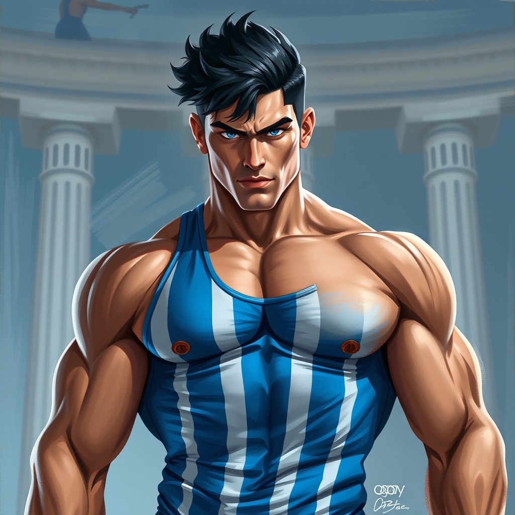 A tall, muscular fit Greek Olympian hero, embodying the strength and grace of ancient athletes, wearing a modern contemporary blue lycra outfit featuring white vertical stripes
