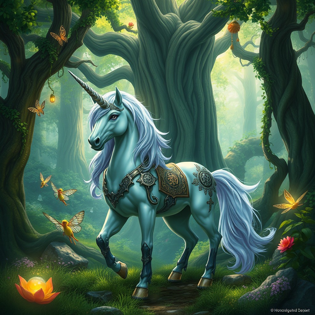 A mystical unicorn standing majestically in a vibrant fantasy forest, adorned with intricate armor and magical runes, blending seamlessly with the lush greenery