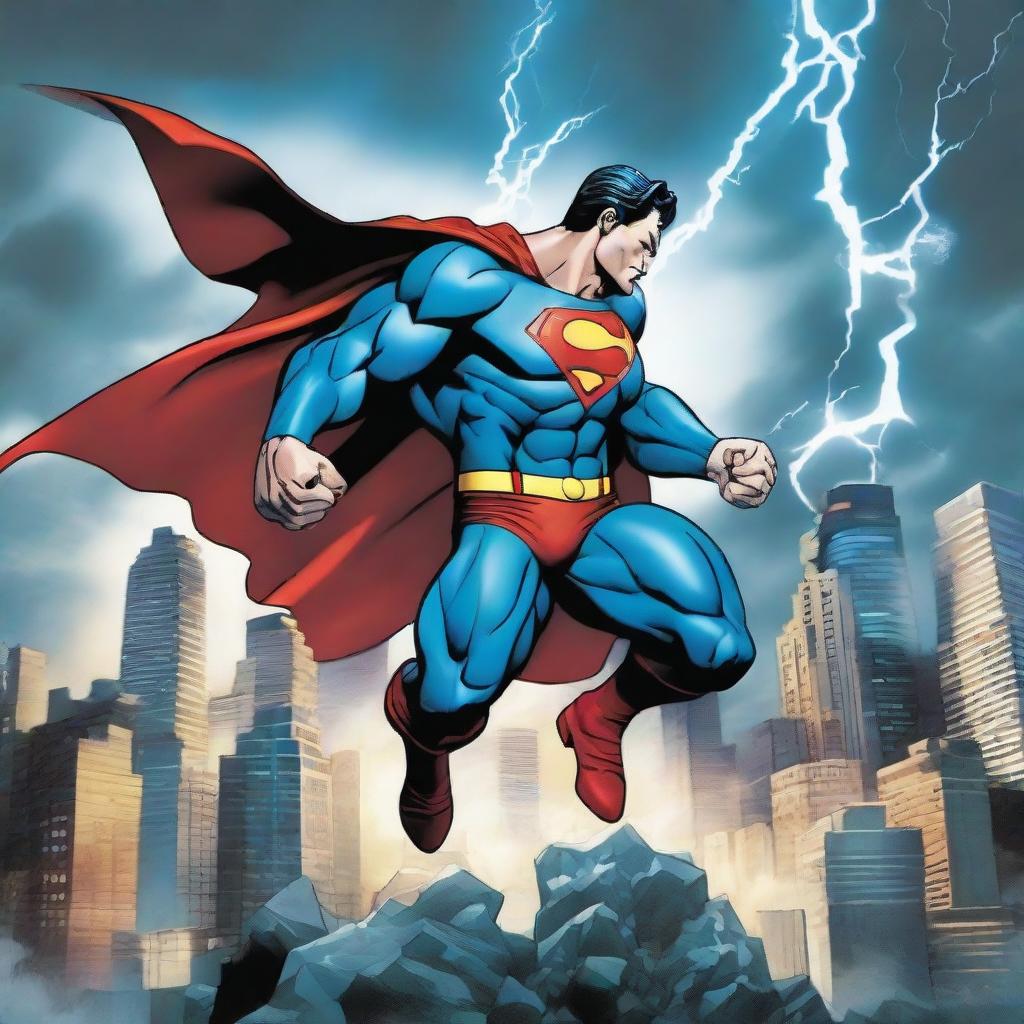 A dynamic scene of Superman, in his iconic blue suit, clashing with Thor, wielding his hammer Mjolnir, amidst a stormy sky and a cityscape.