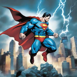 A dynamic scene of Superman, in his iconic blue suit, clashing with Thor, wielding his hammer Mjolnir, amidst a stormy sky and a cityscape.