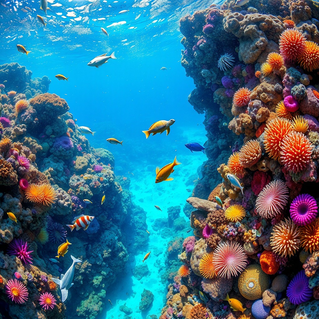 A stunning underwater coral reef scene showcasing vibrant and diverse coral formations teeming with colorful marine life, including various species of fish, sea turtles, and anemones