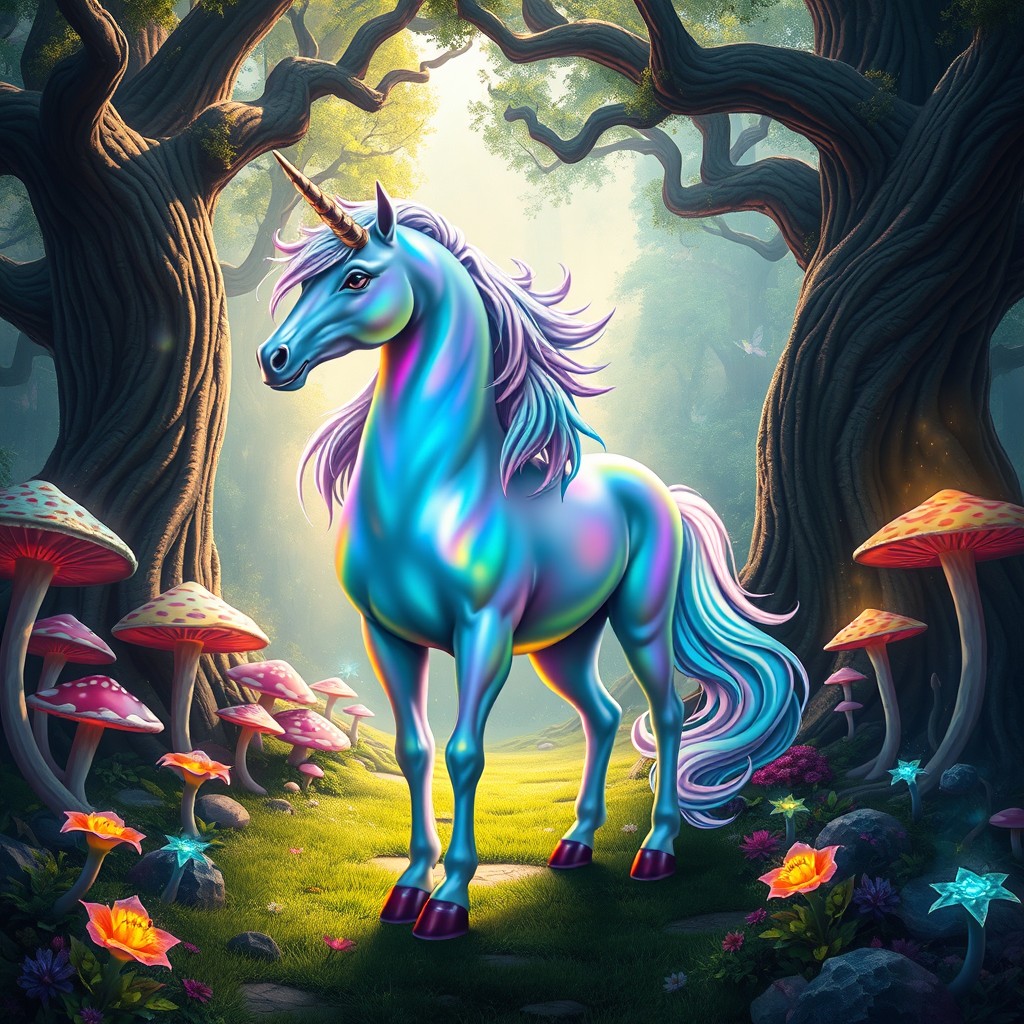 A mystical unicorn standing in a vibrant fantasy forest, showcasing its shimmering coat that reflects a spectrum of colors
