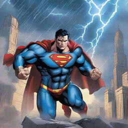 A dynamic scene of Superman, in his iconic blue suit, clashing with Thor, wielding his hammer Mjolnir, amidst a stormy sky and a cityscape.