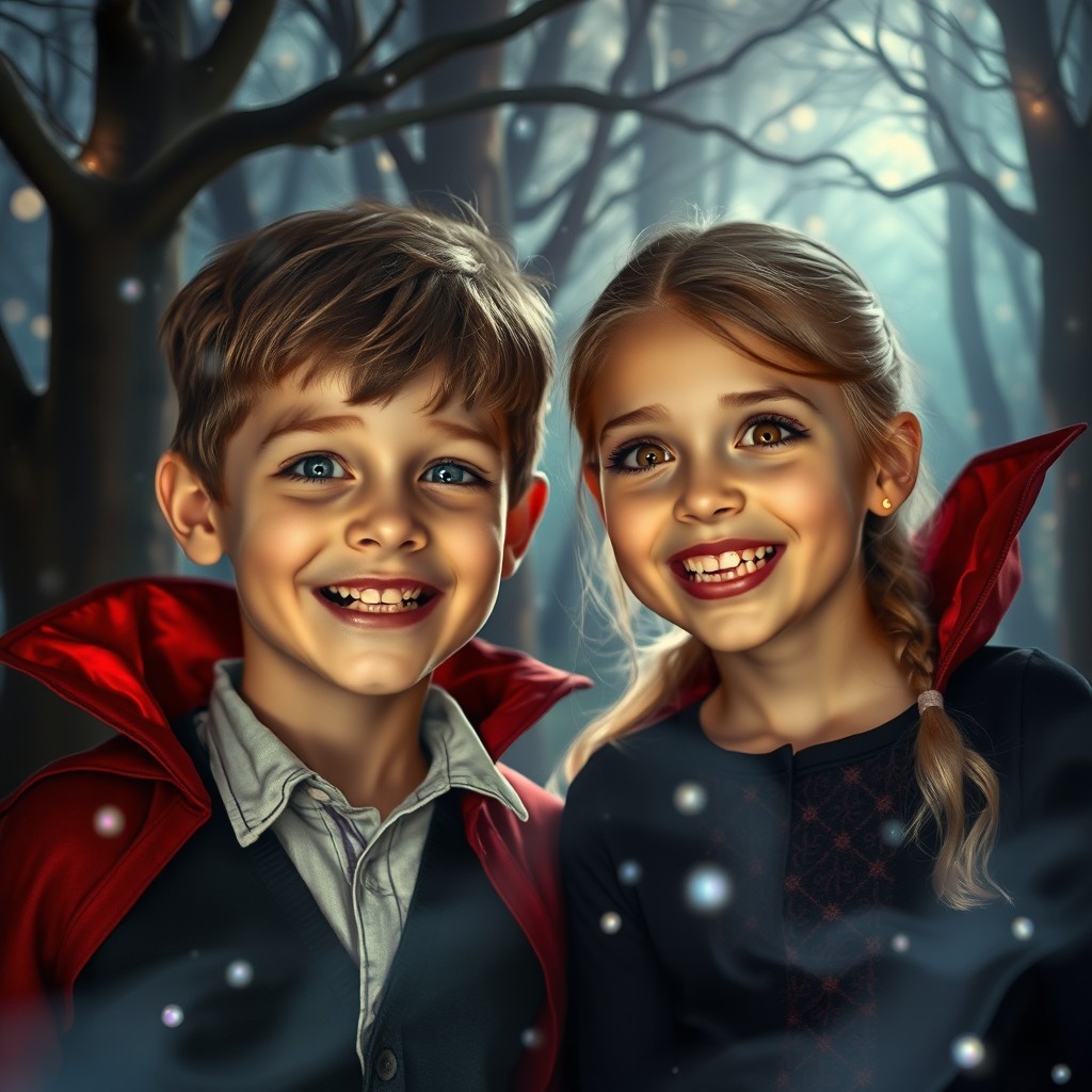 A 13-year-old boy and a 12-year-old girl undergoing a magical transformation into vampires, featuring small, prominent fangs and glowing eyes
