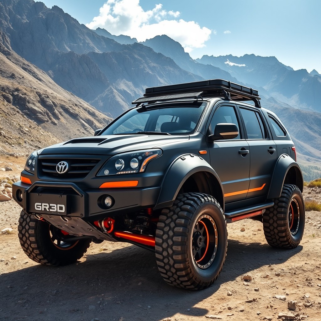 A modified Ssangyong Rodius transformed into a rugged 4x4 vehicle, showcasing a muscular build with off-road enhancements