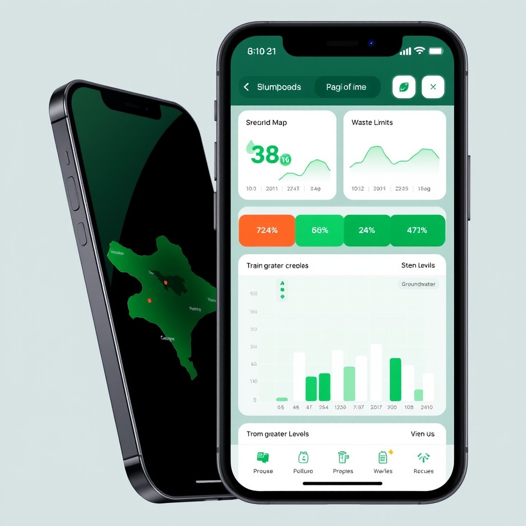A high-fidelity mobile app UI screenshot displayed on an iPhone screen, showcasing a Bali environmental monitoring dashboard in dark mode, featuring a deep emerald theme