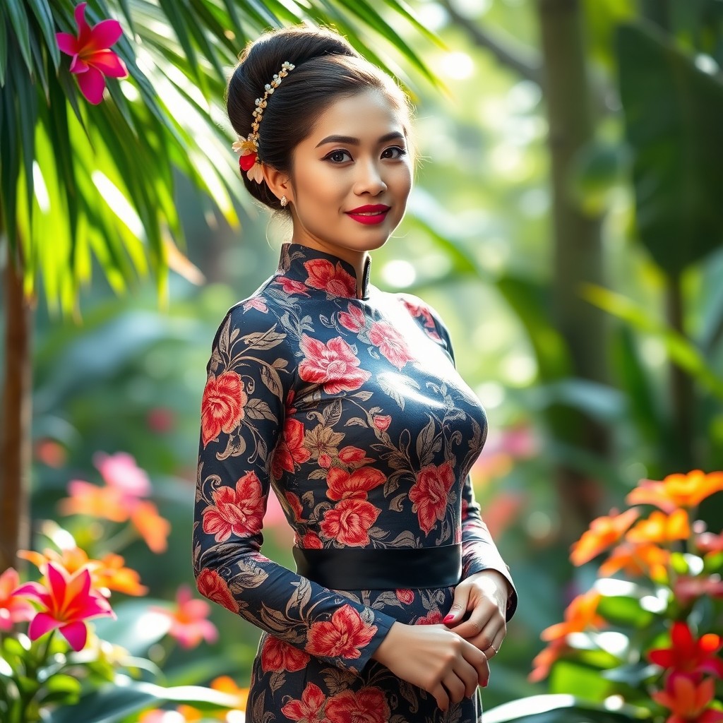 A beautiful Malay woman dressed in a traditional tight-fitting baju kurung, elegantly showcasing intricate floral patterns