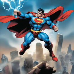 A dynamic scene of Superman, in his iconic blue suit, clashing with Thor, wielding his hammer Mjolnir, amidst a stormy sky and a cityscape.