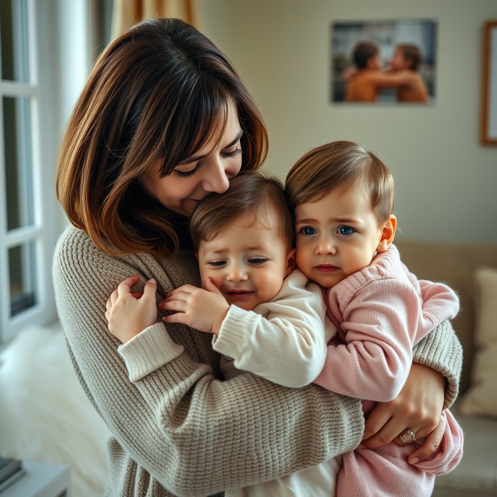A poignant scene capturing a mother embracing one twin affectionately while the other twin looks on with a mix of longing and sadness