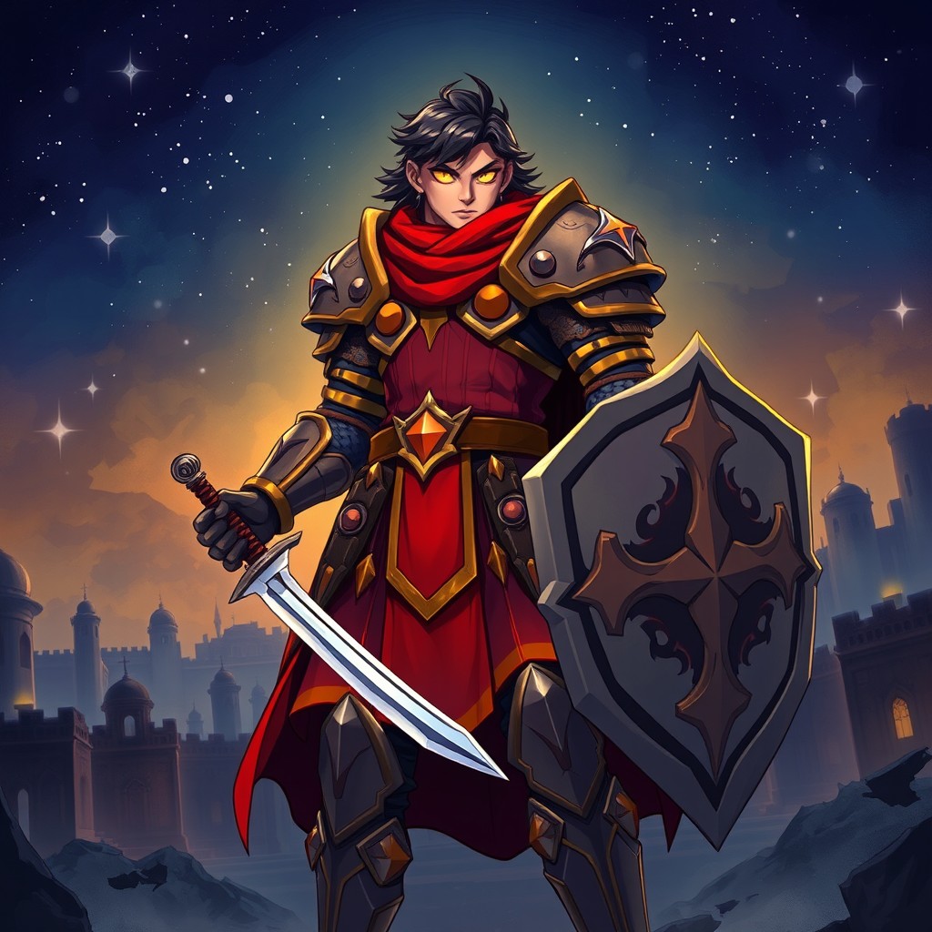 An illustration of a character resembling 'Askar Quds' from a fictional series, dressed in vibrant, detailed medieval armor, standing in a dramatic pose amidst a dark and atmospheric night setting