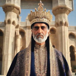 A dignified and royal figure known as the 'Karaj King', prominently standing with an ornate crown, adorned in royal robes, against the backdrop of majestic Karaj city