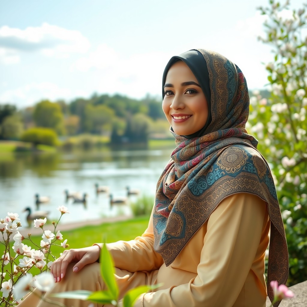 A Muslim woman wearing a beautifully designed hijab