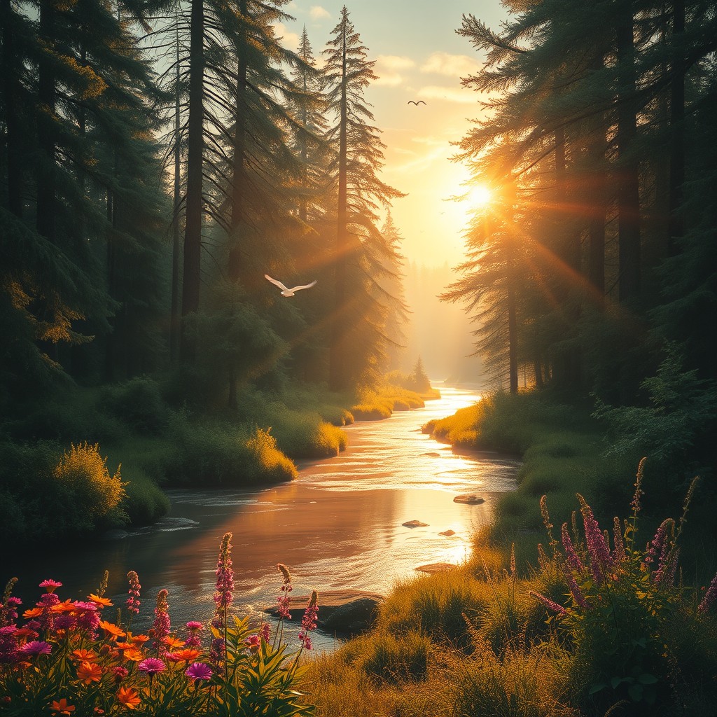 A picturesque forest landscape during the golden hour, with sunbeams filtering through the tall, lush trees
