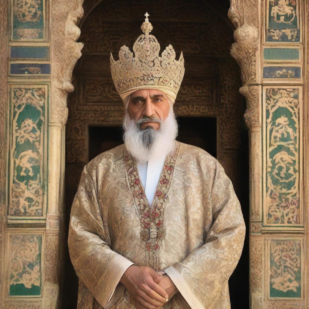 A dignified and royal figure known as the 'Karaj King', prominently standing with an ornate crown, adorned in royal robes, against the backdrop of majestic Karaj city