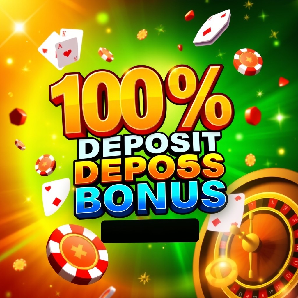 A vibrant and eye-catching digital banner promoting a 100% deposit bonus for an online casino