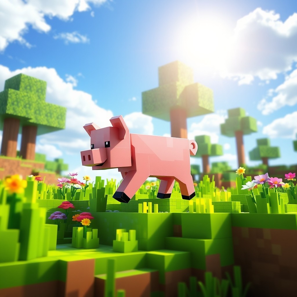 A beautifully rendered Minecraft scene featuring a pig character, known as a piglet, trotting through a vibrant, blocky landscape