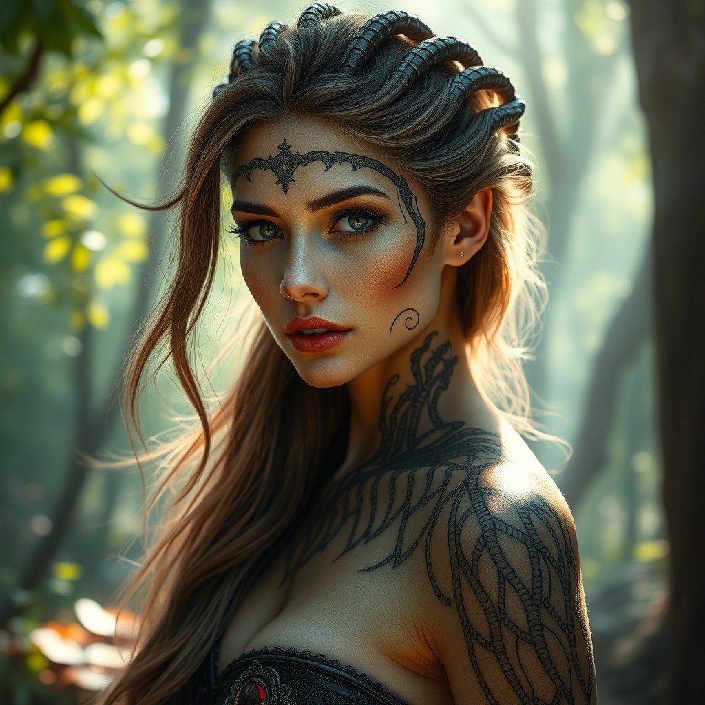 A beautiful woman with features inspired by a centipede, showcasing elegance and allure in a mystical setting