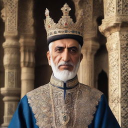 A dignified and royal figure known as the 'Karaj King', prominently standing with an ornate crown, adorned in royal robes, against the backdrop of majestic Karaj city