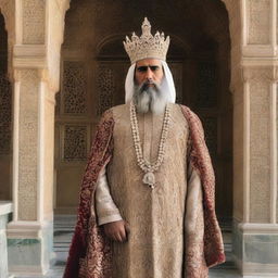 A dignified and royal figure known as the 'Karaj King', prominently standing with an ornate crown, adorned in royal robes, against the backdrop of majestic Karaj city