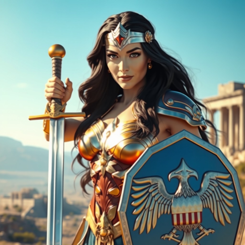 A powerful superheroine resembling Wonder Woman, donned in a striking armor that gleams under the sunlight