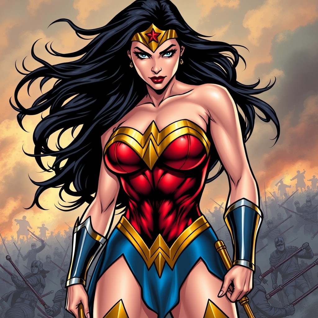 A stunning depiction of Wonder Woman from DC Comics, featuring her iconic costume in rich red, blue, and gold tones