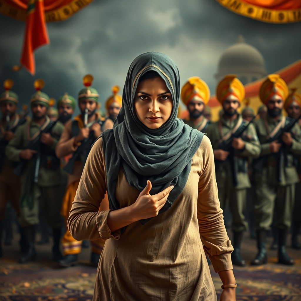 A Muslim woman in a hijab fiercely holding her ground, standing strong in the face of a backdrop featuring Hindu soldiers in traditional military attire