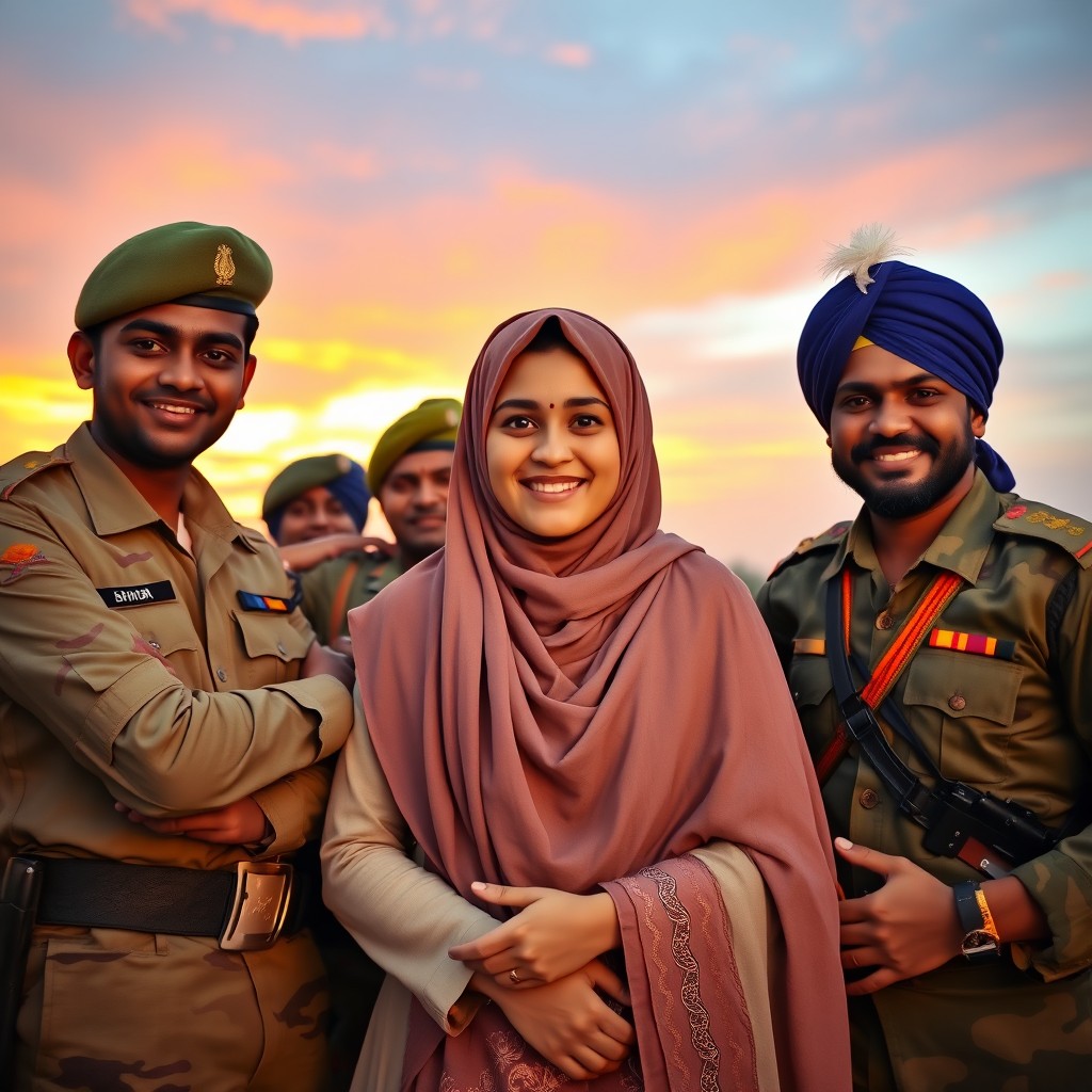 A Muslim girl in a hijab, embracing a group of Hindu soldiers in a friendly, peaceful manner
