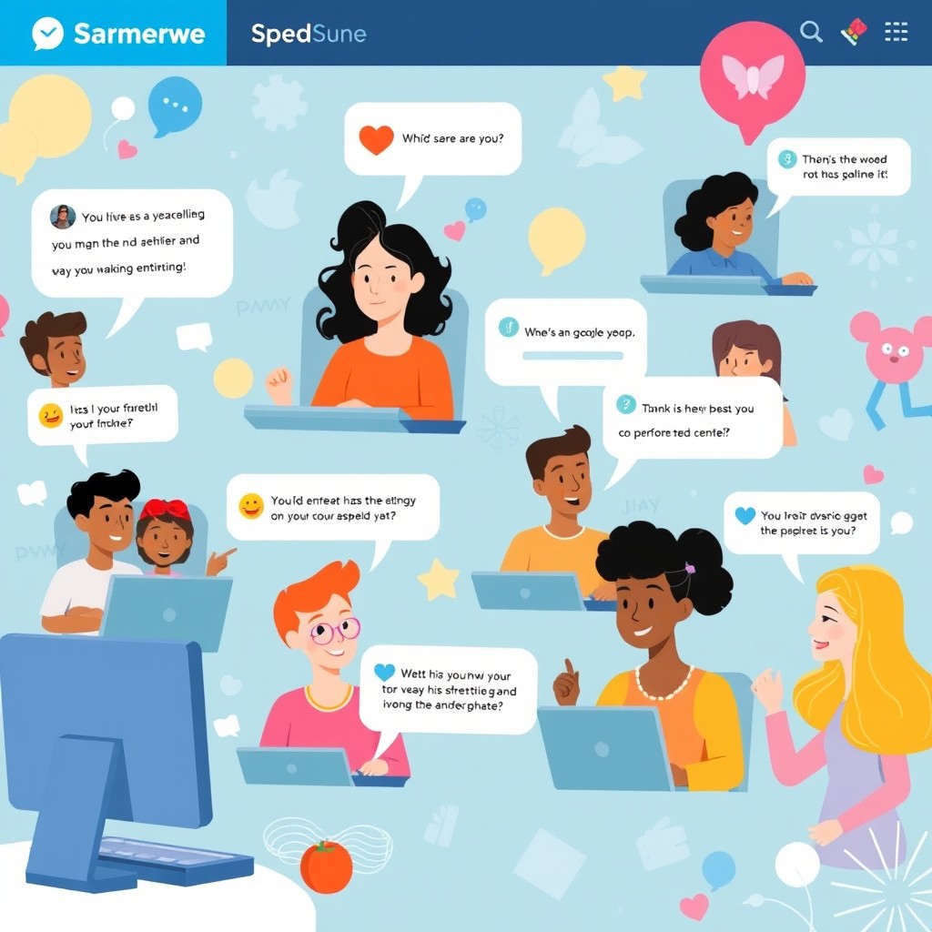 A vibrant and colorful digital illustration depicting a variety of characters engaging in positive online interactions, showcasing good netiquette