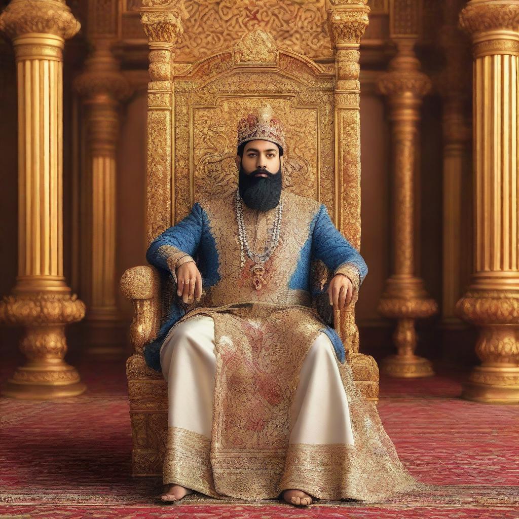 A majestic, bearded king named Amir sitting on an ornate throne, dressed in regal attire with a golden crown, in a grand hall filled with sumptuous decorations