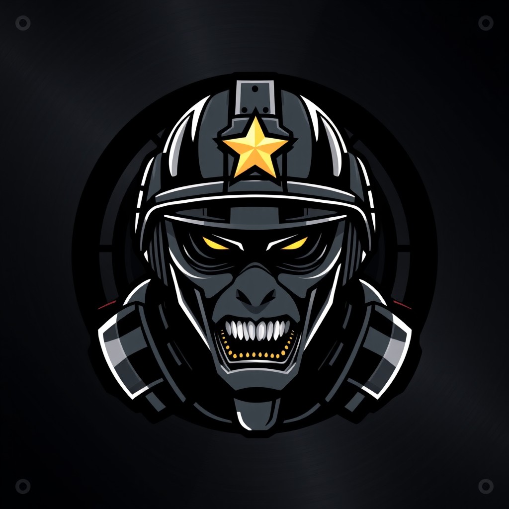 A gritty tactical esports gaming logo featuring a fierce military soldier wearing a modern ballistic helmet with a subtle glowing gold star emblem on the forehead