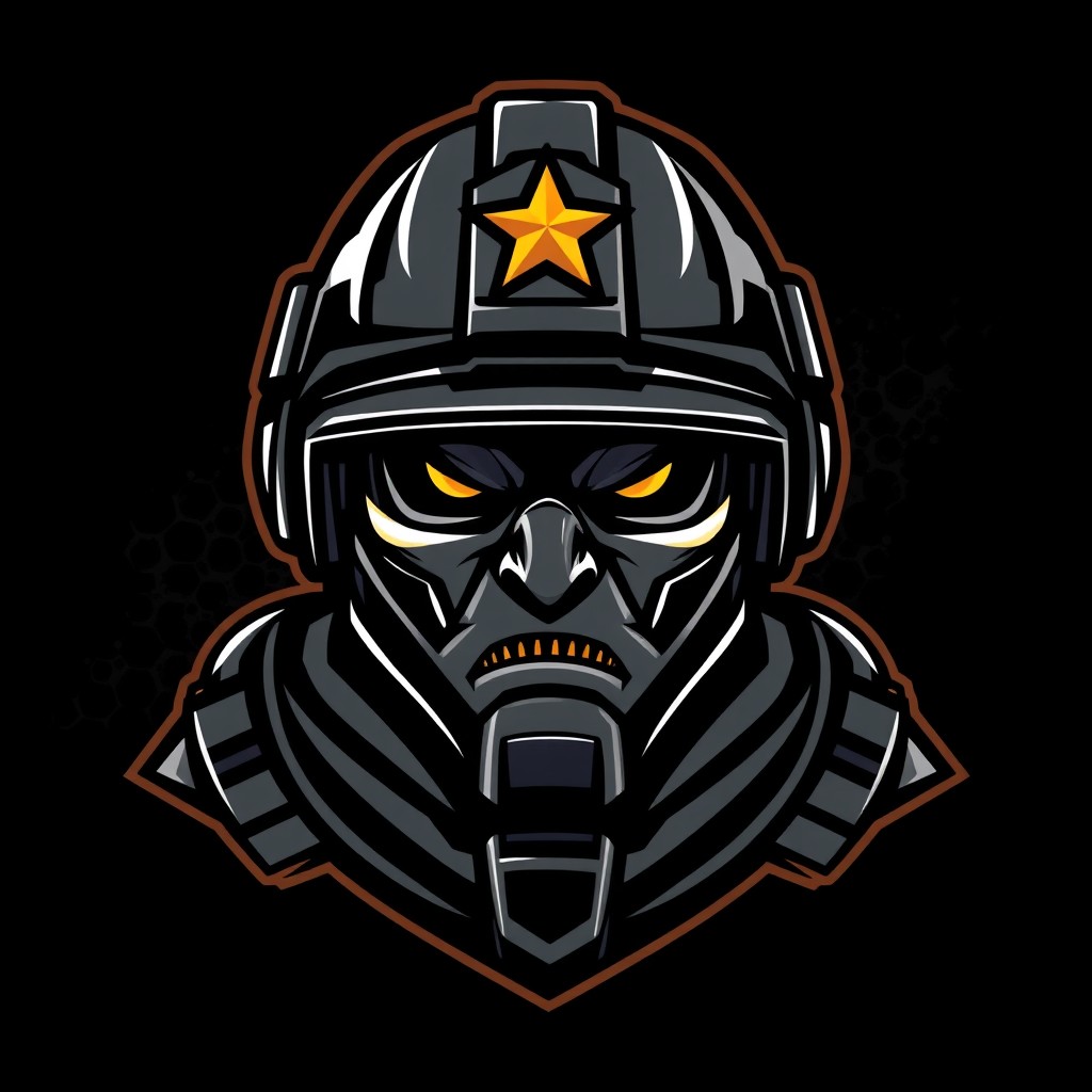 A gritty tactical esports gaming logo depicting a fierce military soldier wearing a modern ballistic helmet, adorned with a subtle glowing gold star emblem on the forehead