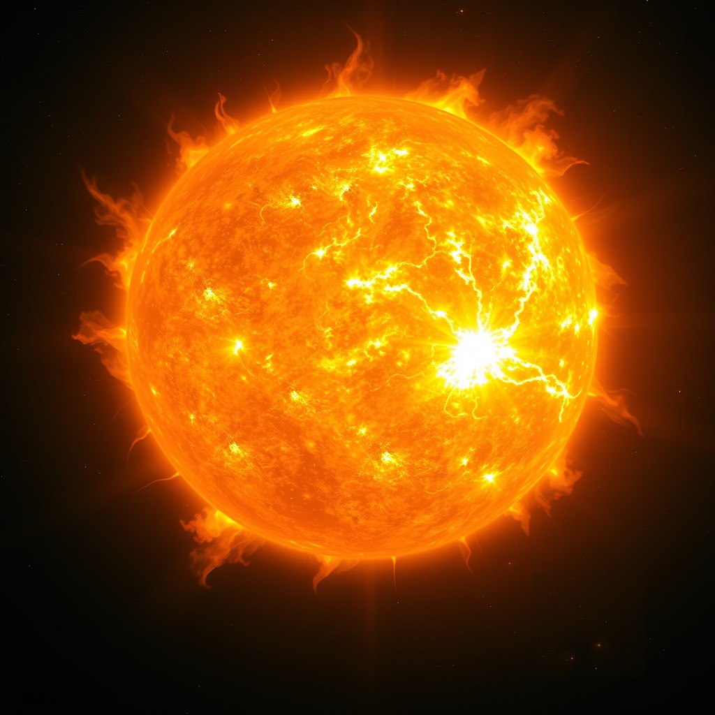 A gigantic Sun filling most of the frame in deep space, showcasing a hyper realistic solar surface with violent plasma storms, vivid solar flares, and intricate coronal loops creating glowing eruptions