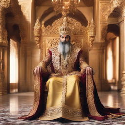 A majestic, bearded king named Amir sitting on an ornate throne, dressed in regal attire with a golden crown, in a grand hall filled with sumptuous decorations