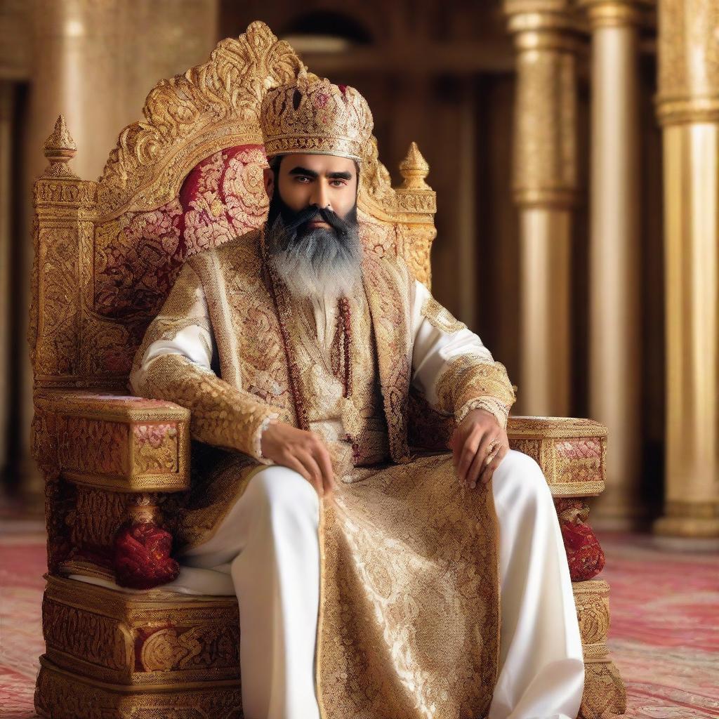 A majestic, bearded king named Amir sitting on an ornate throne, dressed in regal attire with a golden crown, in a grand hall filled with sumptuous decorations