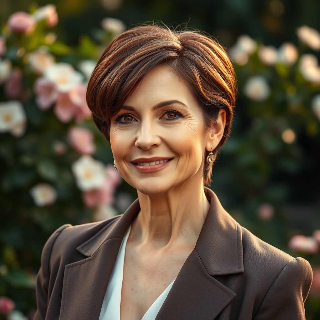 An elegant mature woman with short chestnut brown hair, showcasing a sophisticated style