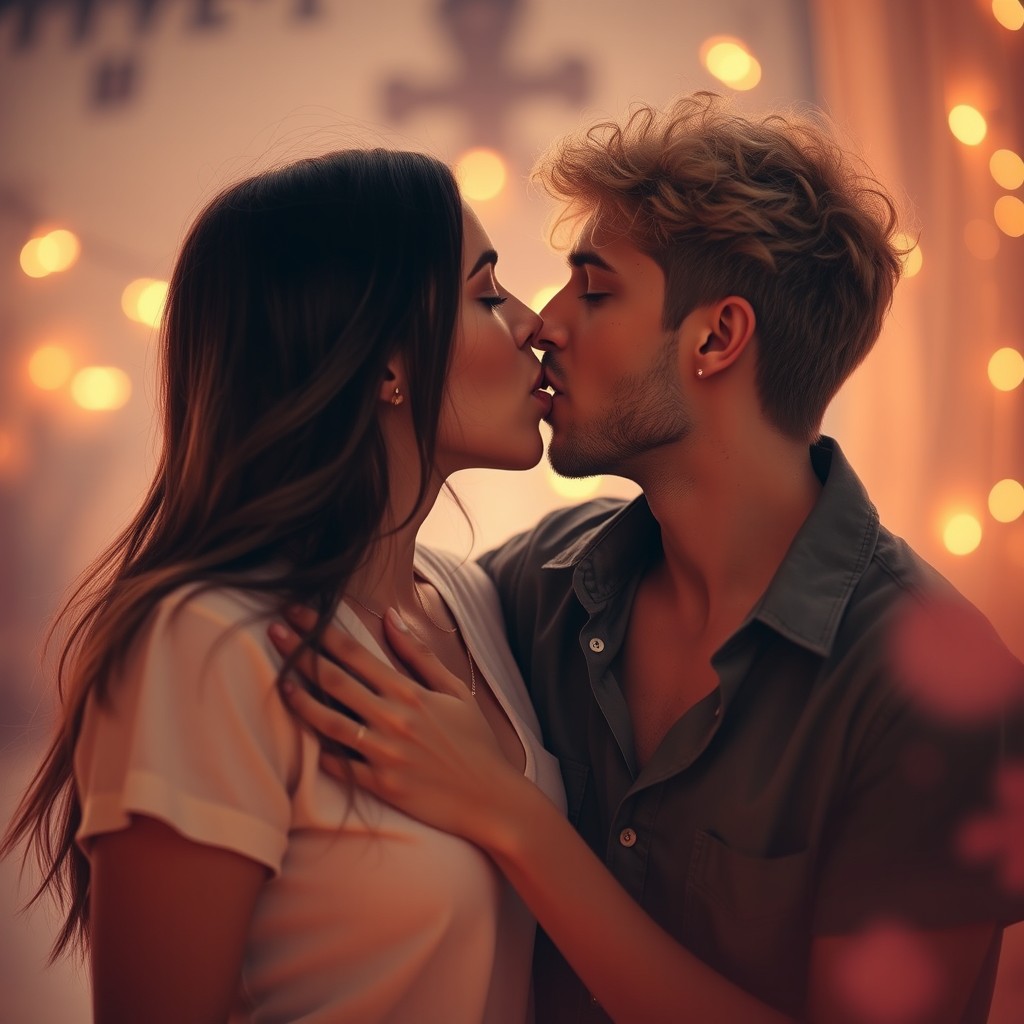 A romantic scene featuring two adults passionately engaged in a tongue kiss, surrounded by a soft, dreamy atmosphere