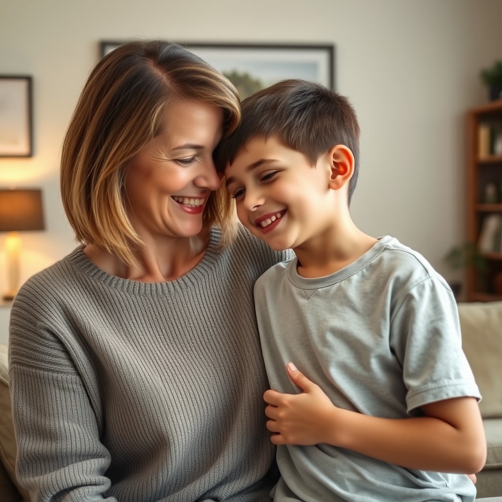 A warm, loving scene of a mother and her grown child sharing an affectionate moment, smiling at each other in a cozy, well-decorated living room with soft lighting