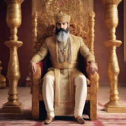 A majestic, bearded king named Amir sitting on an ornate throne, dressed in regal attire with a golden crown, in a grand hall filled with sumptuous decorations