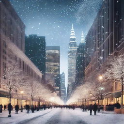 A bustling cityscape during Christmas with skyscrapers adorned with twinkling lights and snowflakes gently falling from a cloudy night sky