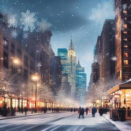 A bustling cityscape during Christmas with skyscrapers adorned with twinkling lights and snowflakes gently falling from a cloudy night sky