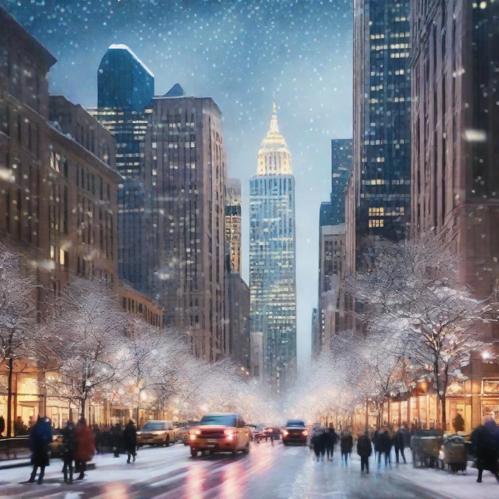 A bustling cityscape during Christmas with skyscrapers adorned with twinkling lights and snowflakes gently falling from a cloudy night sky