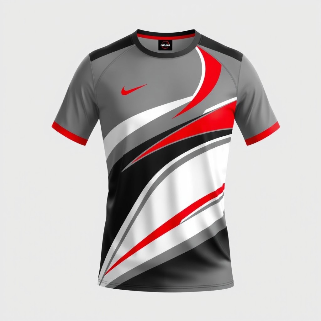 A stylish volleyball jersey featuring a sleek design in a combination of grey, white, black, and red colors