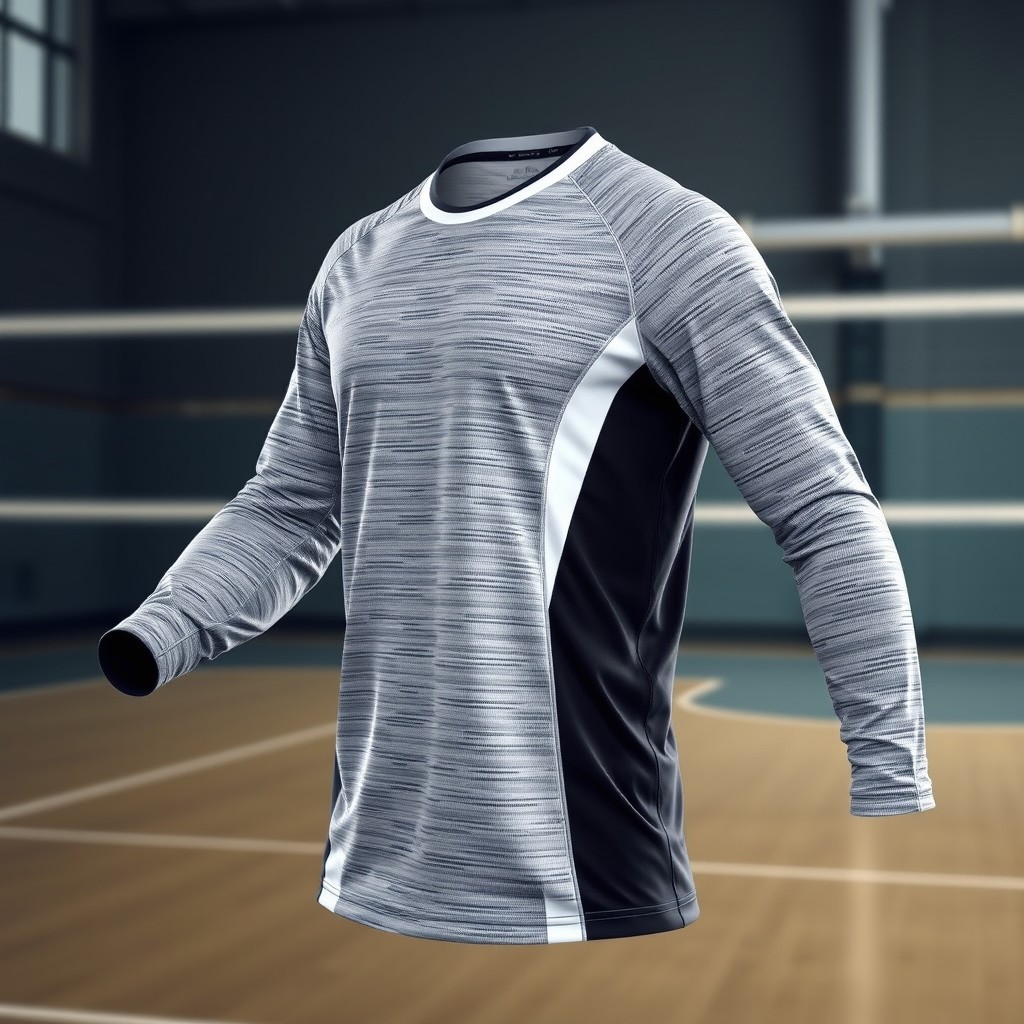 A stylish grey, white, and black volleyball jersey on a dynamic background, showcasing the jersey's unique design features