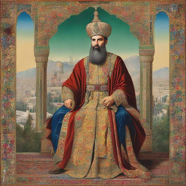 A grand portrait of the 'Tehran King' styled in elaborate royal raiment holding a scepter, presiding over the vibrant and bustling cityscape of Tehran