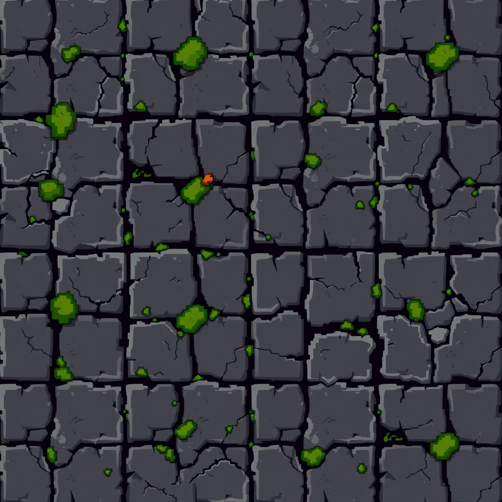A seamless pixel art design of a dungeon floor tile, featuring dark stone textures, moss accents, and small cracks