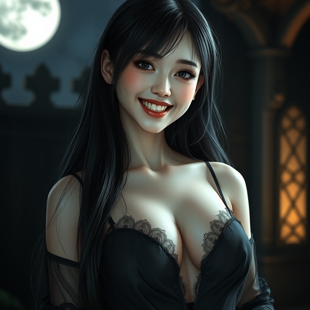 An ultra-realistic image of a Japanese female vampire, smiling to reveal her prominent fangs