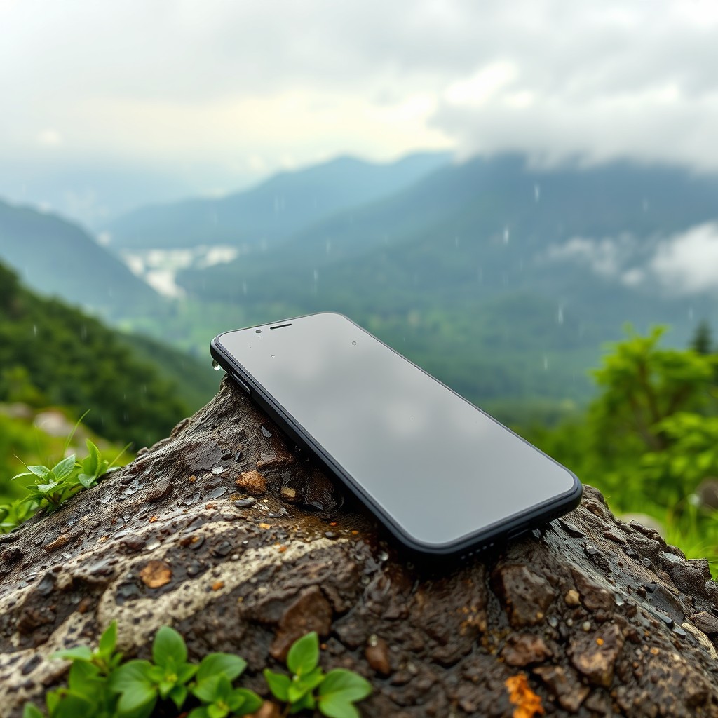 A vibrant, scenic view of a smartphone resting on a rocky mountaintop during a gentle rain shower