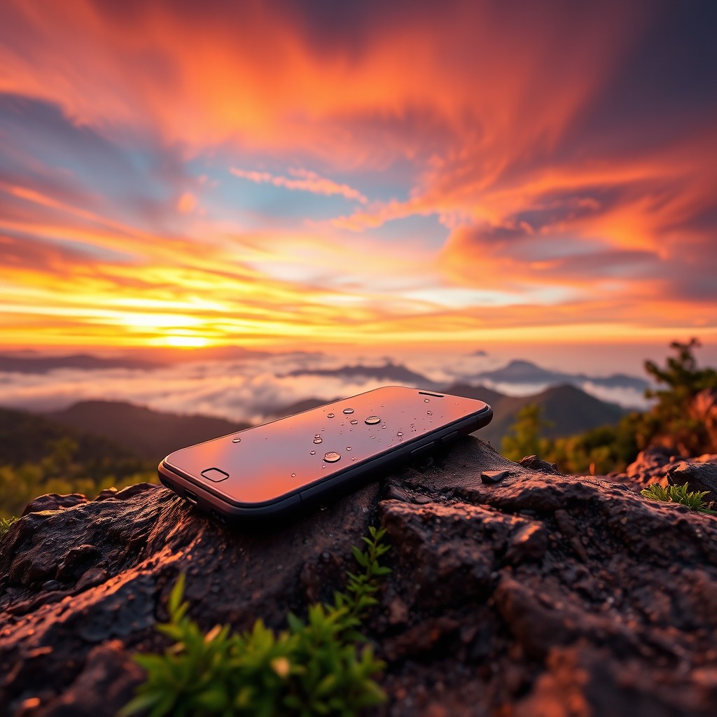 A stunning scenic view of a smartphone resting on a rocky mountaintop during a gentle rain shower, with a vibrant sunset in the background