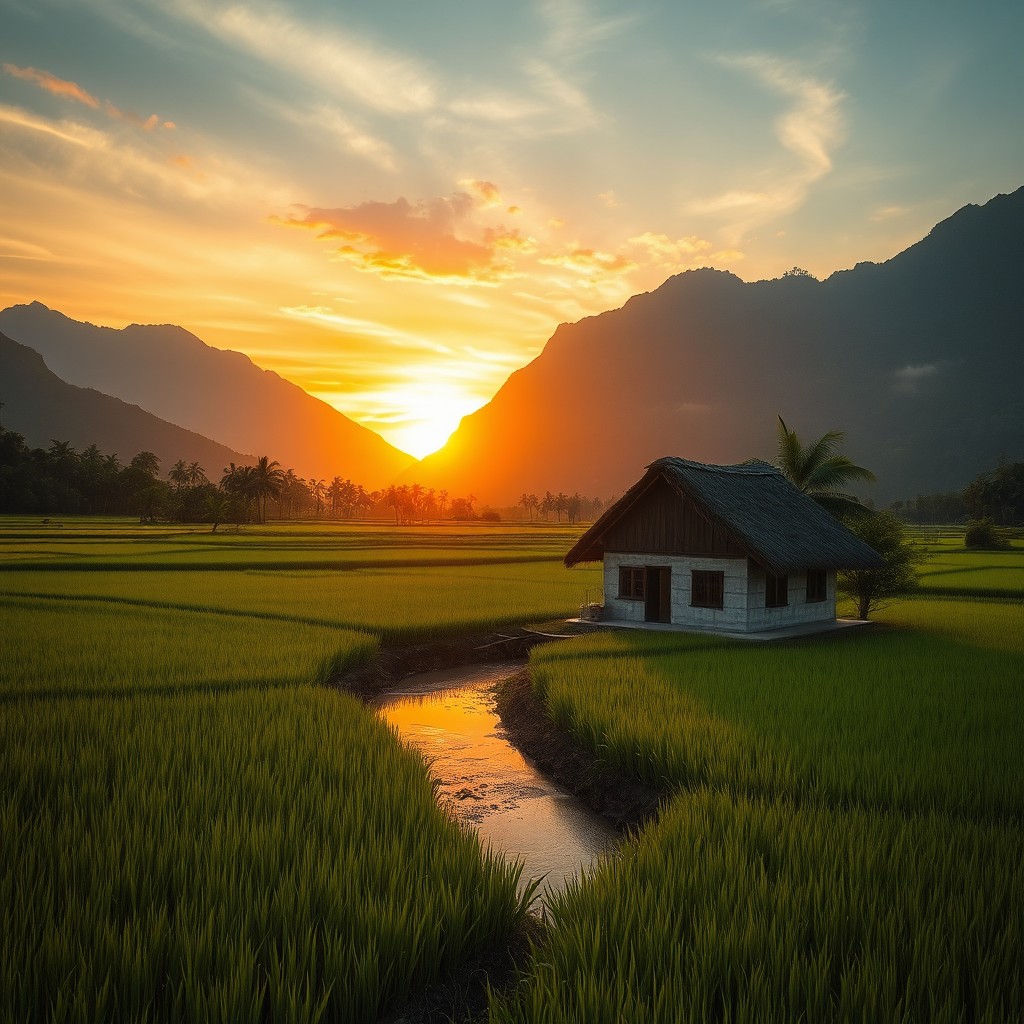 A picturesque small home nestled among lush green rice fields, surrounded by majestic mountains in the background